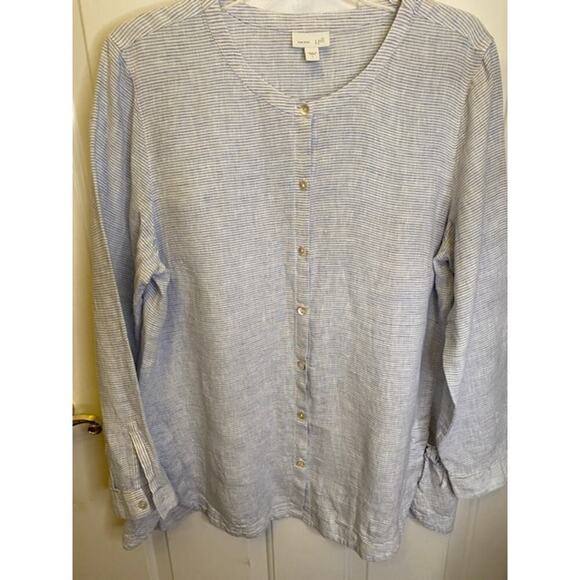 J. Jill Love Linen Side Tie Tunic Top Blouse Large Button Front Long Sleeves - Picture 6 of 7